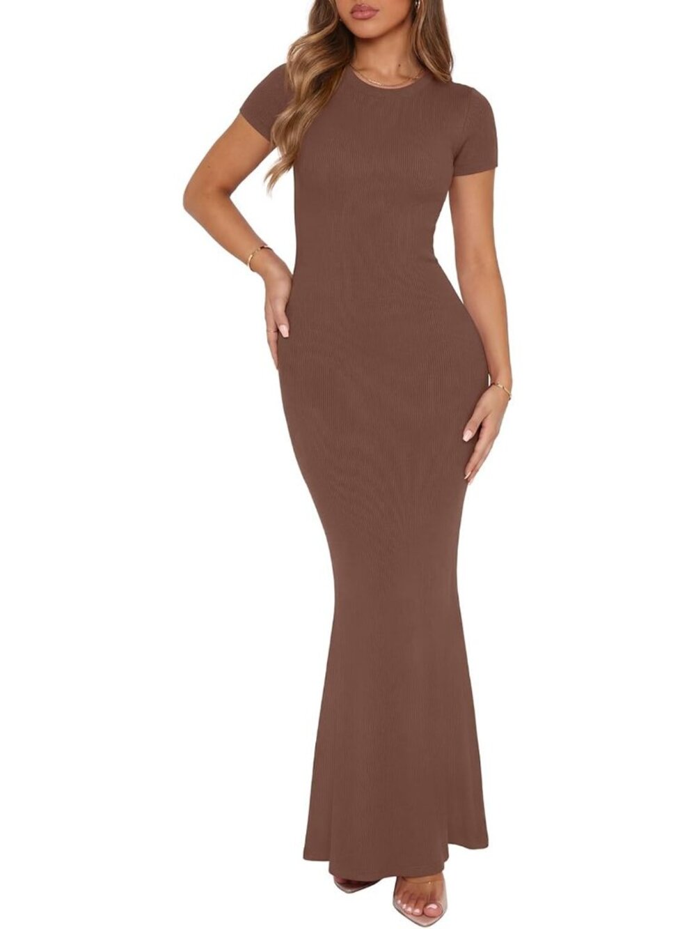 Women's Coffee Basic Summer Casual Lounge Long Dress Elegant Short Sleeve Maxi